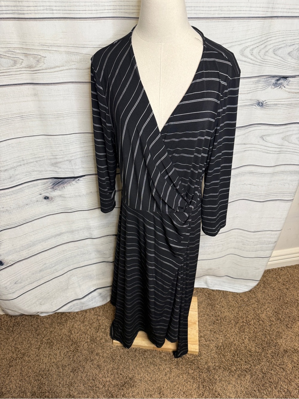 Perceptions Black Striped Wrap Midi Dress
